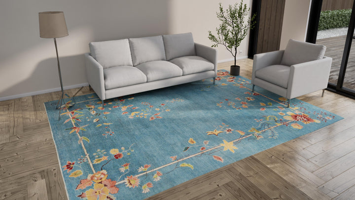 Blue Traditional Art Deco Rug - 9' x 12'1"
