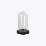 Clear glass dome on black base, perfect for displaying items.
