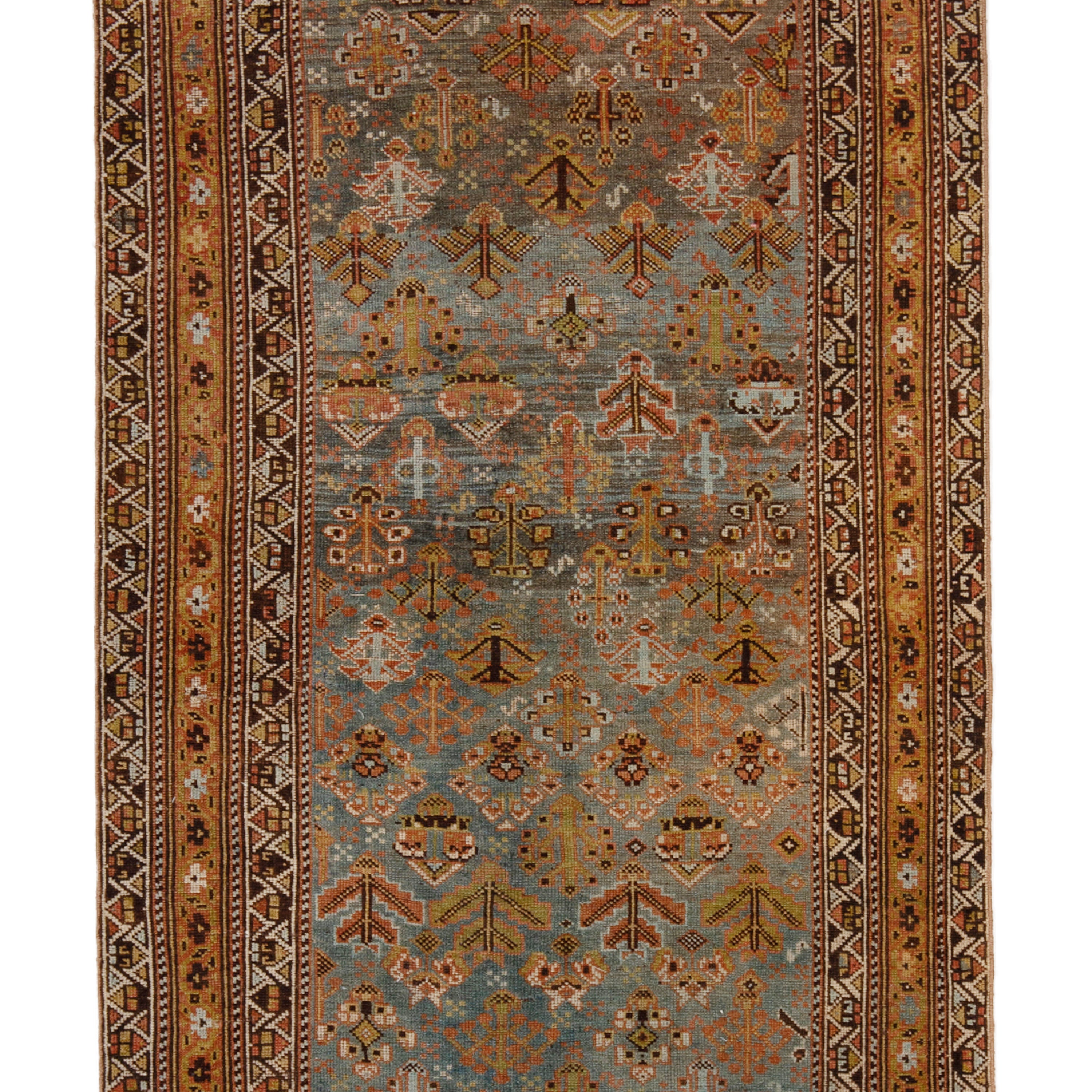 Light Blue & Orange Vintage Traditional Ghabhgaie Wool Rug - 3'4" x 11'1"