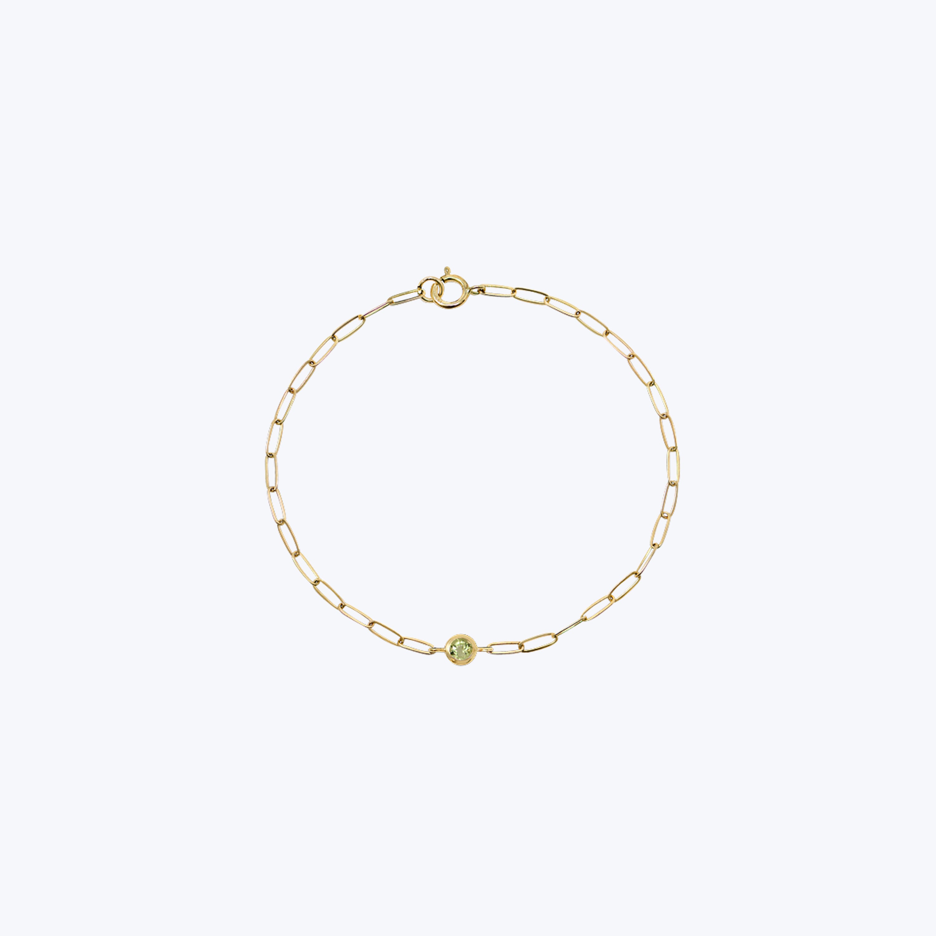 Dew Drop Birthstone Paperclip Bracelet Peridot / 6.75"