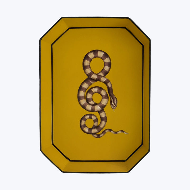 Yellow octagonal sign with stylized snake image, caution symbol concept.