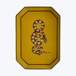 Yellow octagonal sign with stylized snake image, caution symbol concept.