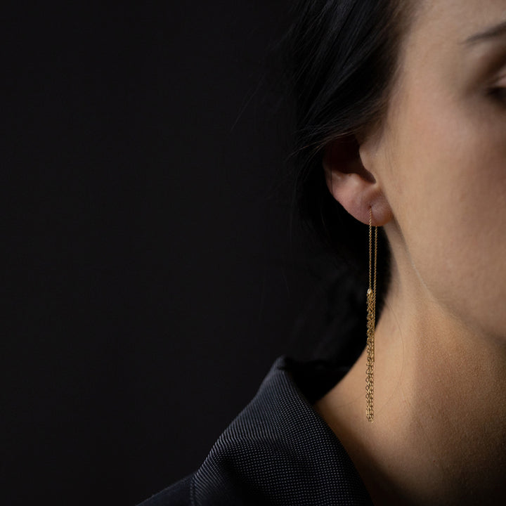 Close-up profile of woman with dark hair and elegant earring.