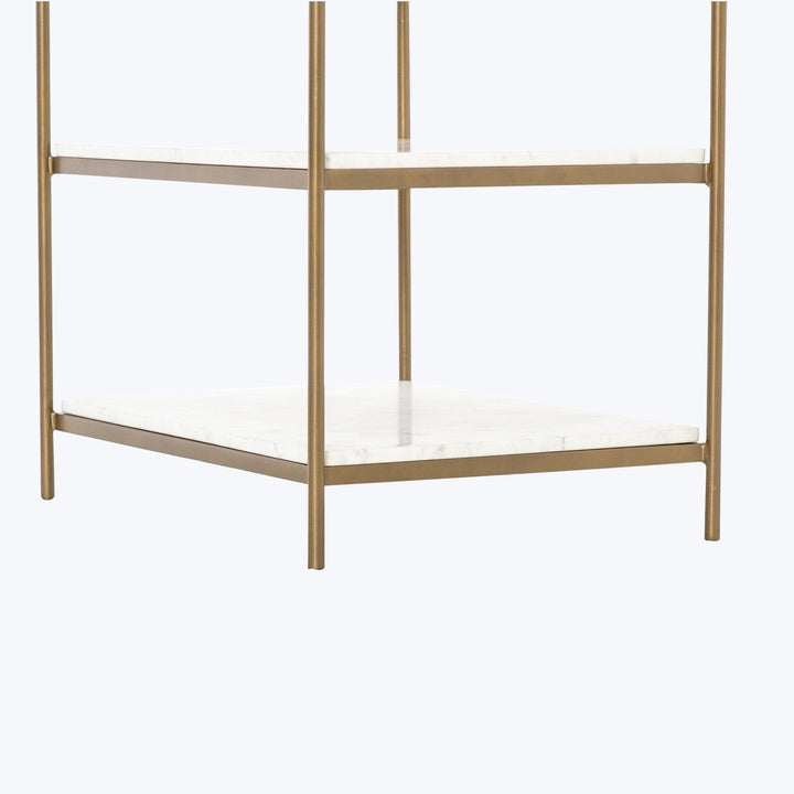 Modern bunk bed with metallic frame and marble-patterned mattress.