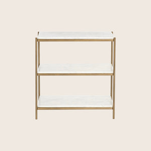 Modern three-tiered shelf with metal frame and wood shelves.