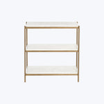 Modern three-tiered shelf with metal frame and wood shelves.