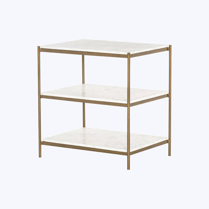Minimalist modern shelving unit with metal frame and light shelves.