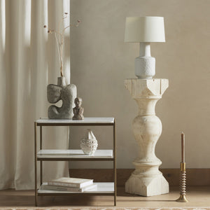 Modern three-tiered shelf with metal frame and wood shelves. - hover