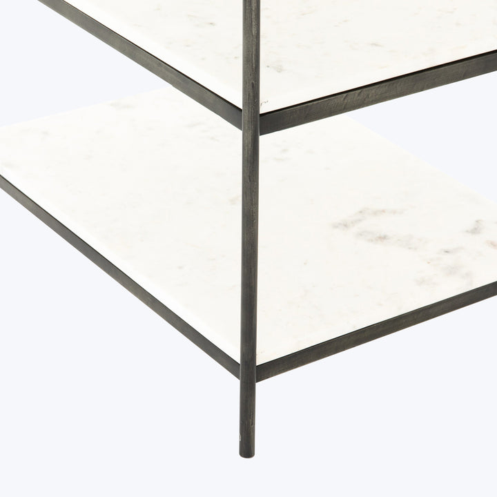 Modern marble shelf unit with metal edges and sleek design.