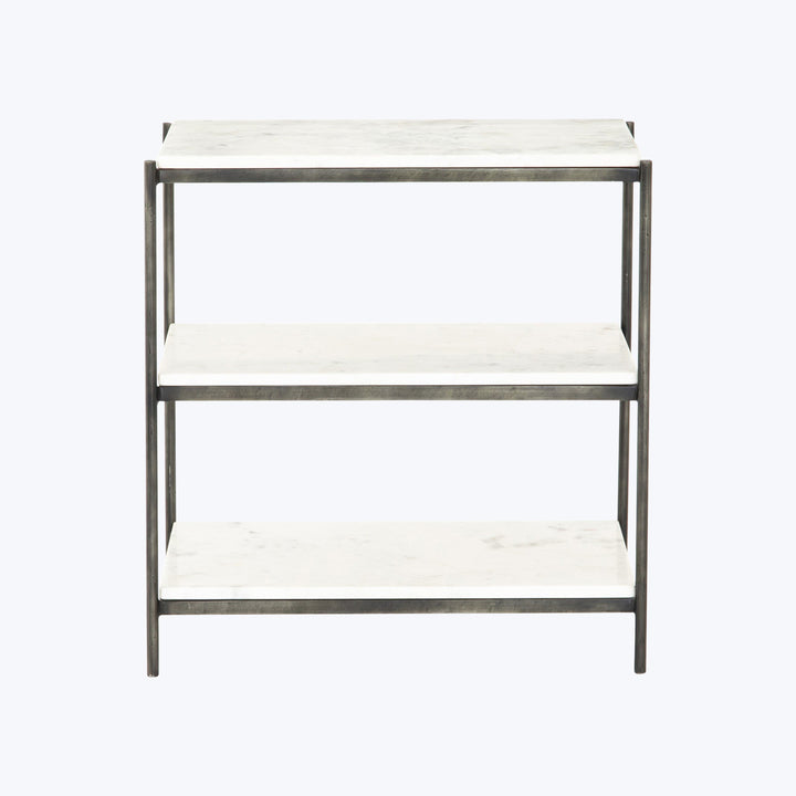Modern three-tiered shelving unit with marble-like finish and metal frame.