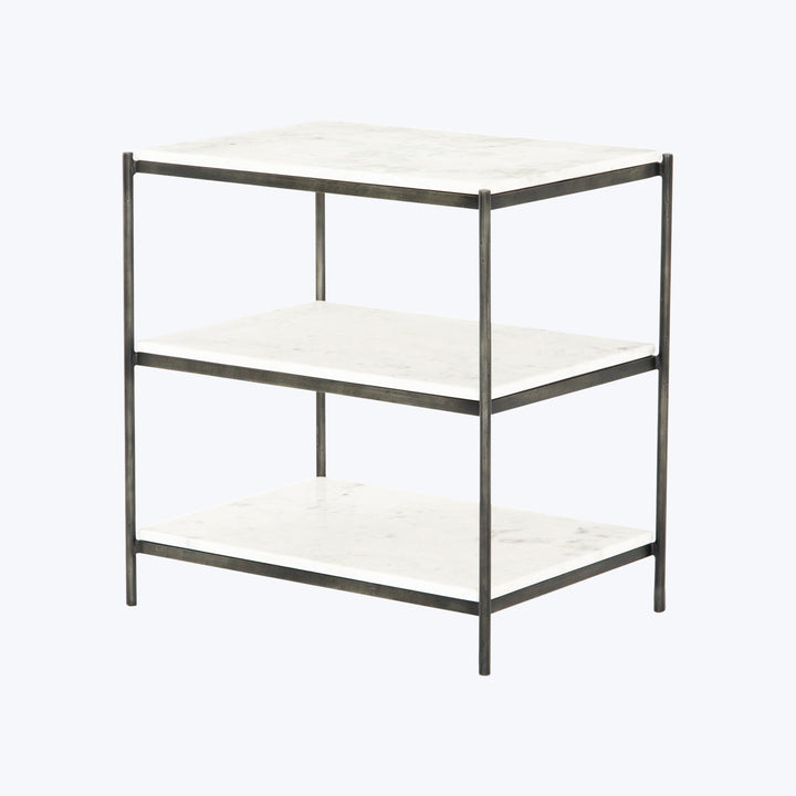 Modern three-tiered shelf unit with marble shelves and metallic frame.