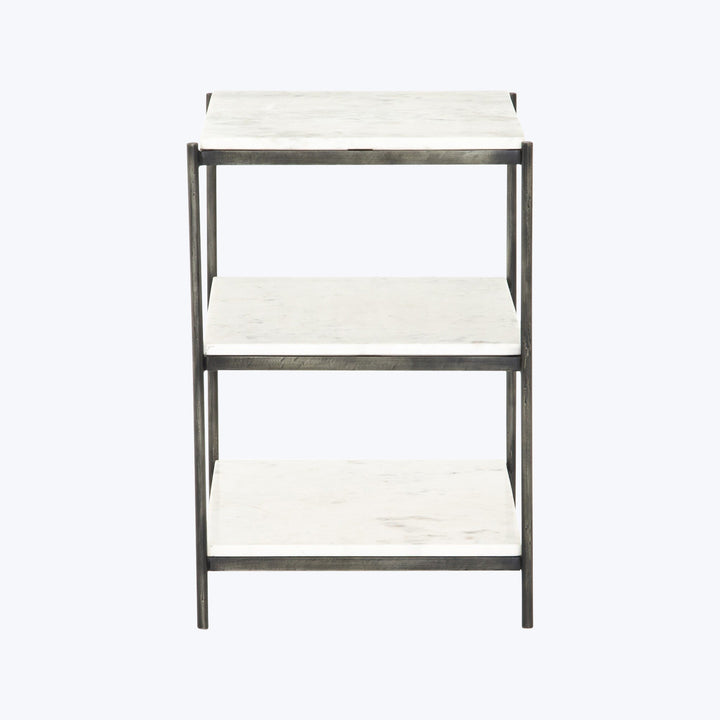 Modern three-tier shelving unit with industrial design and clean lines.