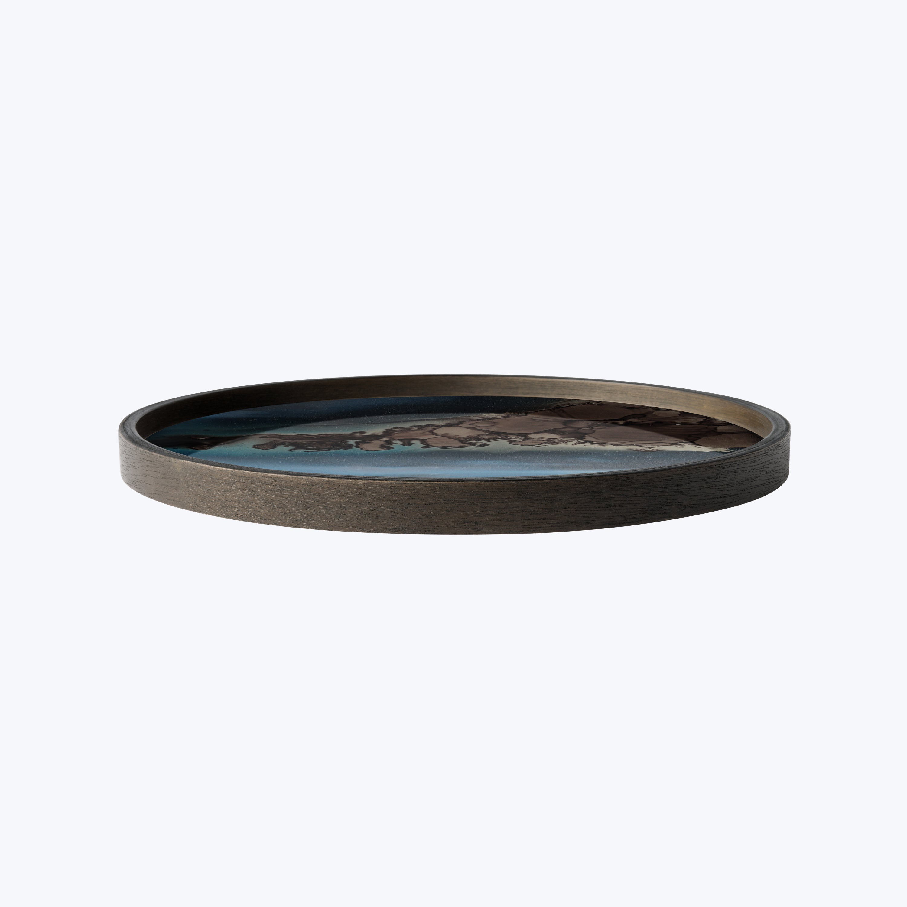 Digitally created dark wooden circular tray with decorative inlay design.