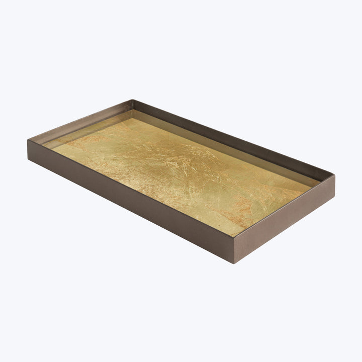 Minimalistic rectangular tray with distressed gold finish on dark border.