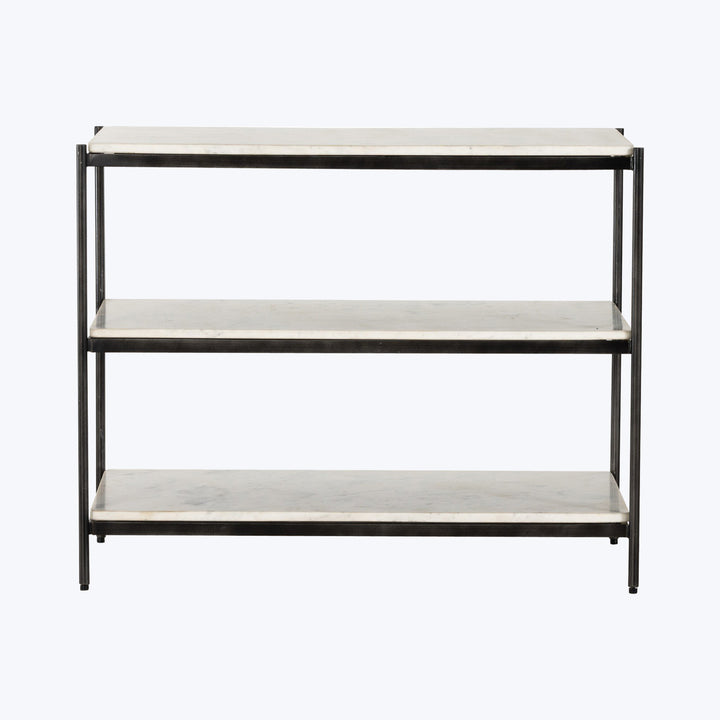 Modern three-tiered console table with metal frame and marble shelves