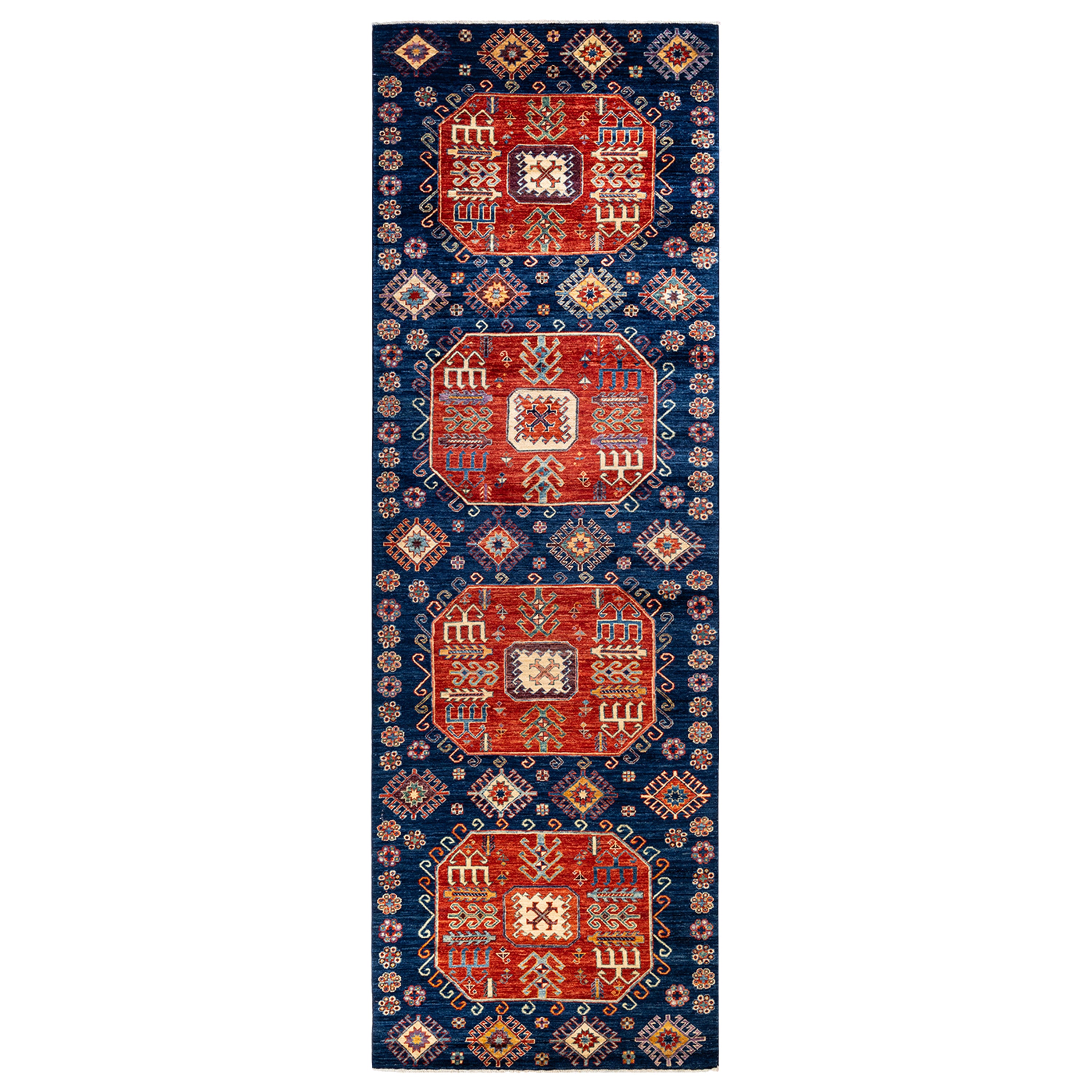 Blue Traditional Wool Runner - 4' 1" x 13' 4"