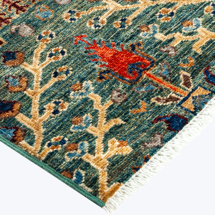 GREEN TRADITIONAL WOOL RUG - 4'  x 12' 5"