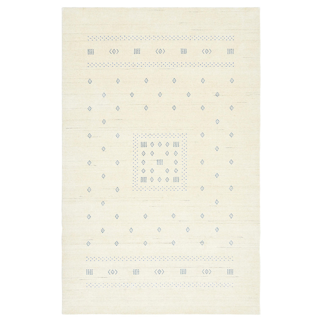 Minimalistic rectangular area rug with symmetrical geometric design in neutrals.