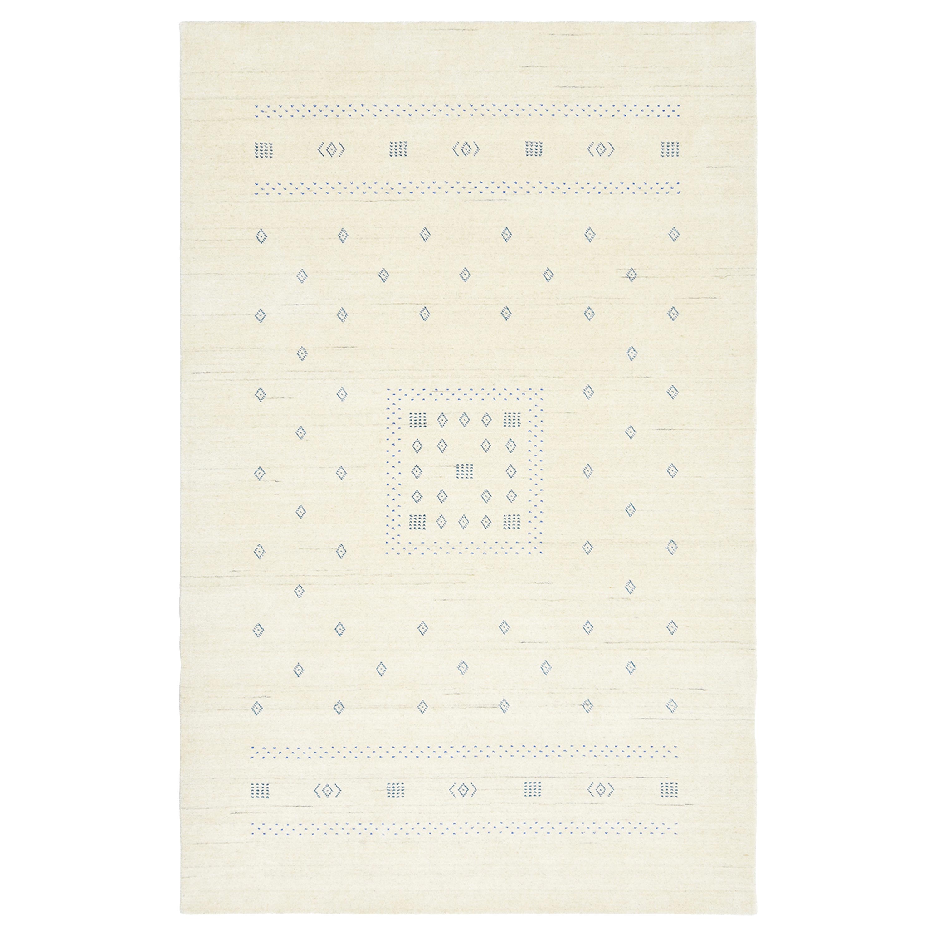 Minimalistic rectangular area rug with symmetrical geometric design in neutrals.