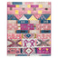 Colorful area rug with geometric patterns inspired by tribal art.