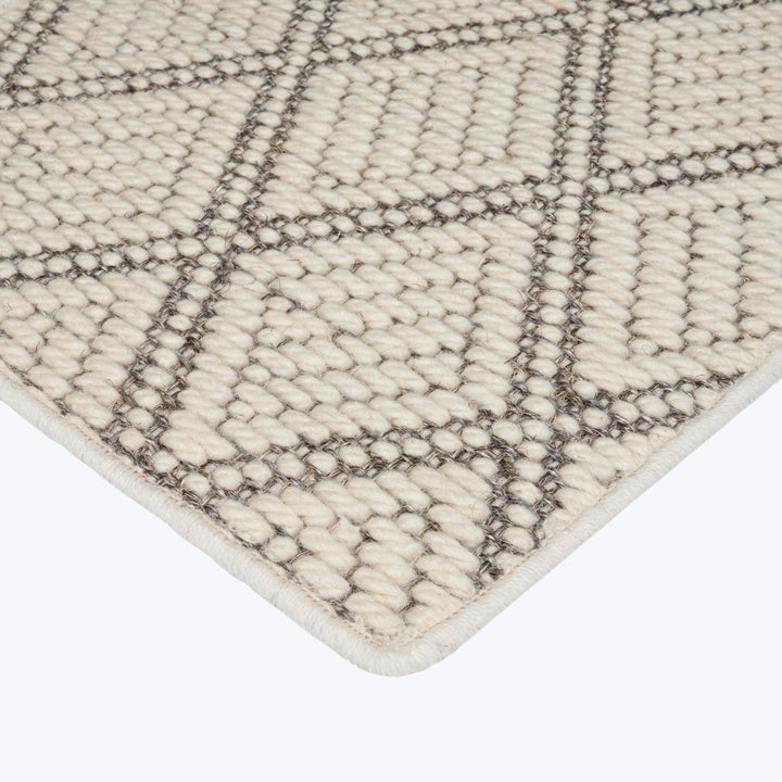 Close-up of modern textured rug with geometric pattern in neutrals.