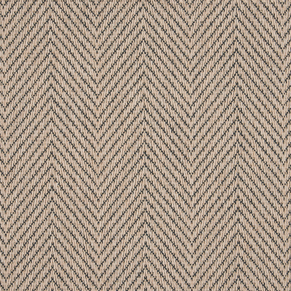 Close-up of herringbone fabric in beige and gray tones.