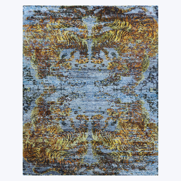 Blue and Orange Tibetan Contemporary Silk Rug - 8'1" x 10'2"