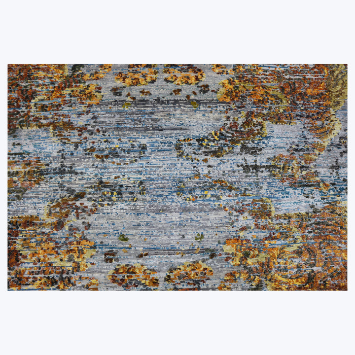 Blue and Orange Tibetan Contemporary Silk Rug - 8'1" x 10'2"