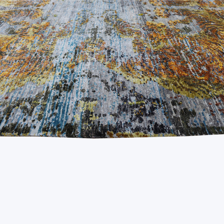 Blue and Orange Tibetan Contemporary Silk Rug - 8'1" x 10'2"