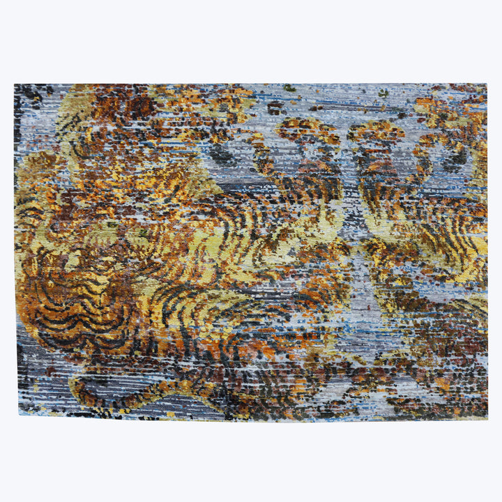Blue and Orange Tibetan Contemporary Silk Rug - 8'1" x 10'2"