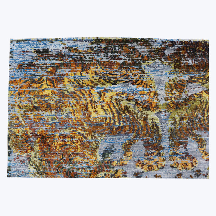 Blue and Orange Tibetan Contemporary Silk Rug - 8'1" x 10'2"