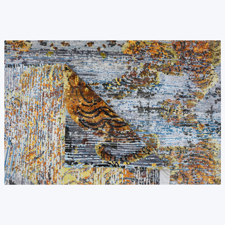 Blue and Orange Tibetan Contemporary Silk Rug - 8'1" x 10'2"