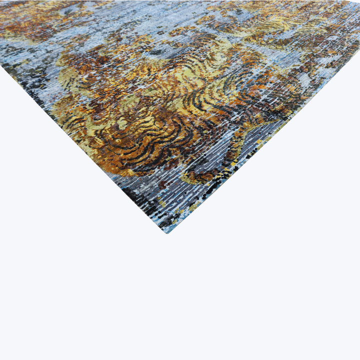 Blue and Orange Tibetan Contemporary Silk Rug - 8'1" x 10'2"