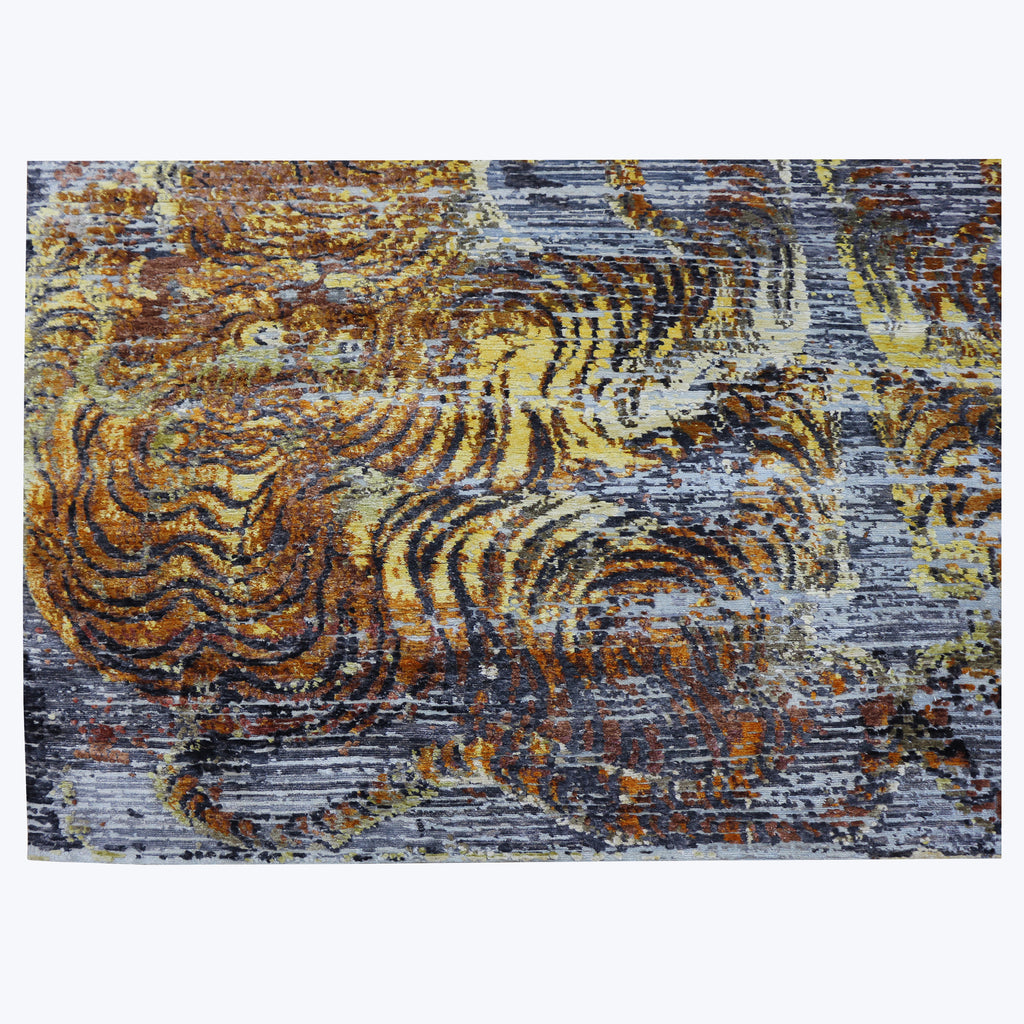 Blue and Orange Tibetan Contemporary Silk Rug - 9'11" x 14'1"