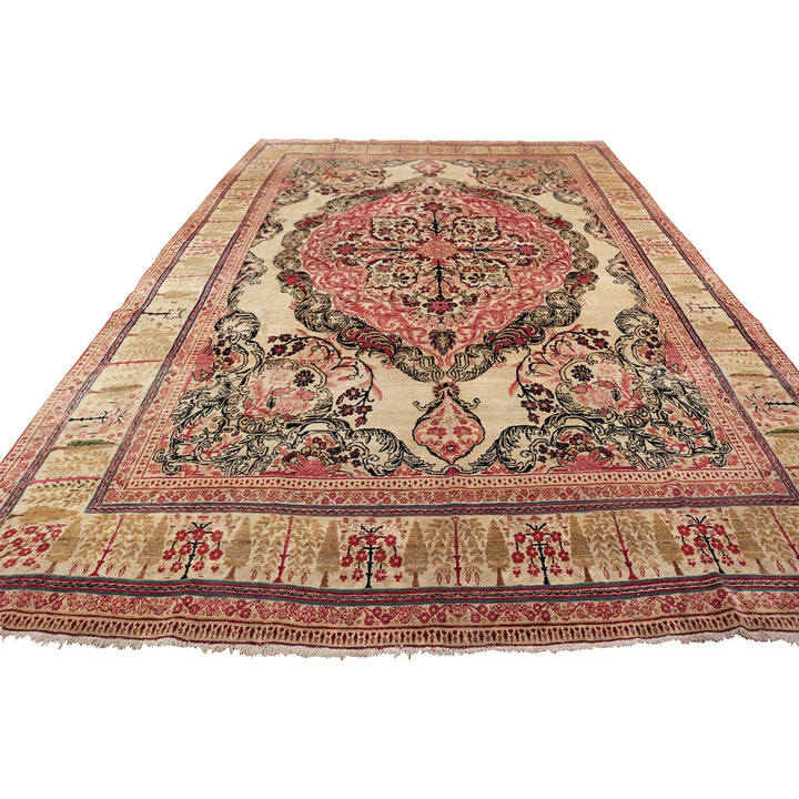Gold and Red Antique Traditional Persian Kerman Rug - 9' x 12'4"