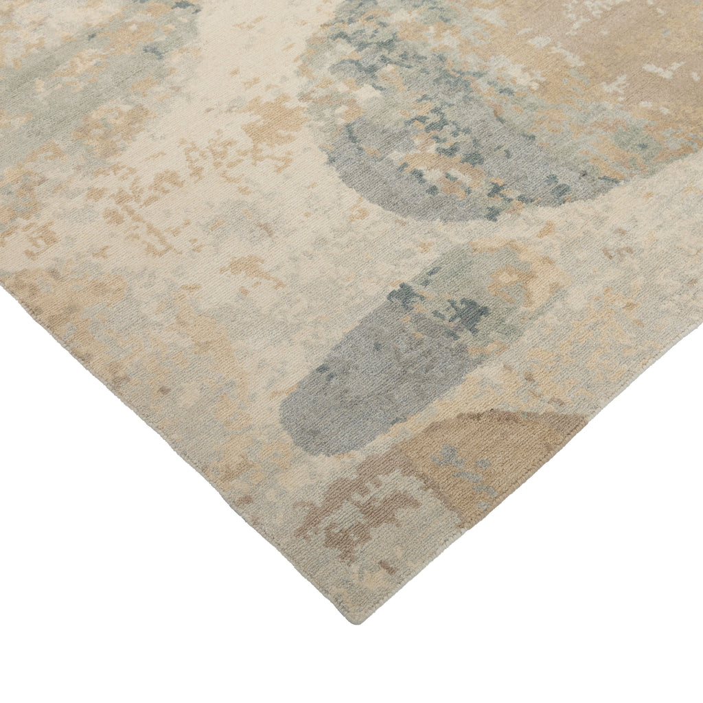 Beige & Blue Contemporary Tibetan Wool Silk Blend Rug - 8' x 10'