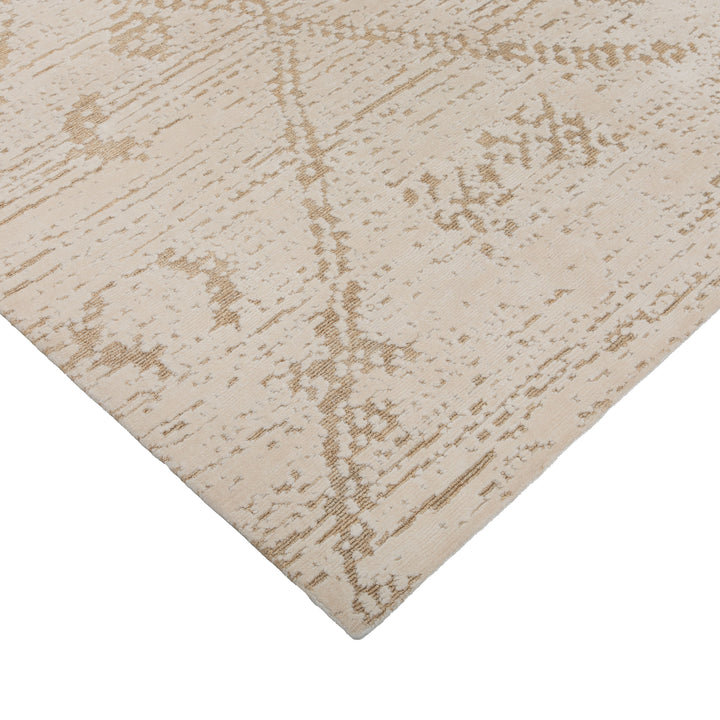 White & Brown Contemporary Tibetan Wool Silk Blend Rug - 10' x 14'