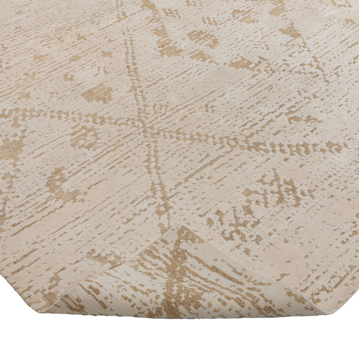 White & Brown Contemporary Tibetan Wool Silk Blend Rug - 10' x 14'