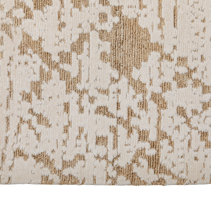 White & Brown Contemporary Tibetan Wool Silk Blend Rug - 10' x 14'