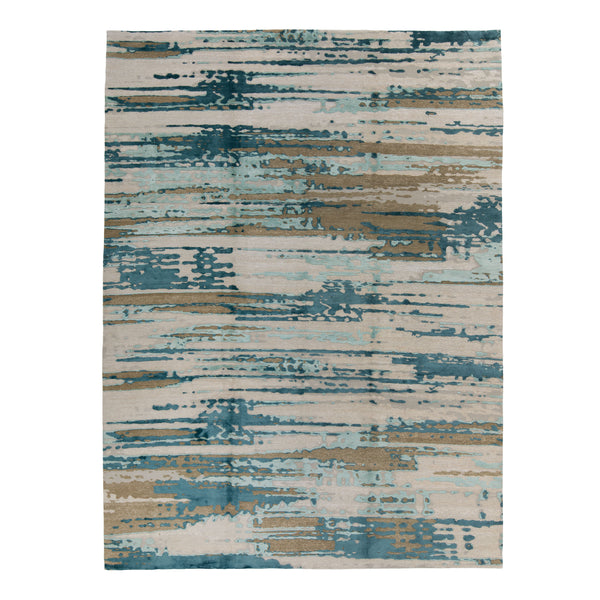 Blue & Grey Contemporary Tibetan Wool Silk Blend Rug - 9' x 12'