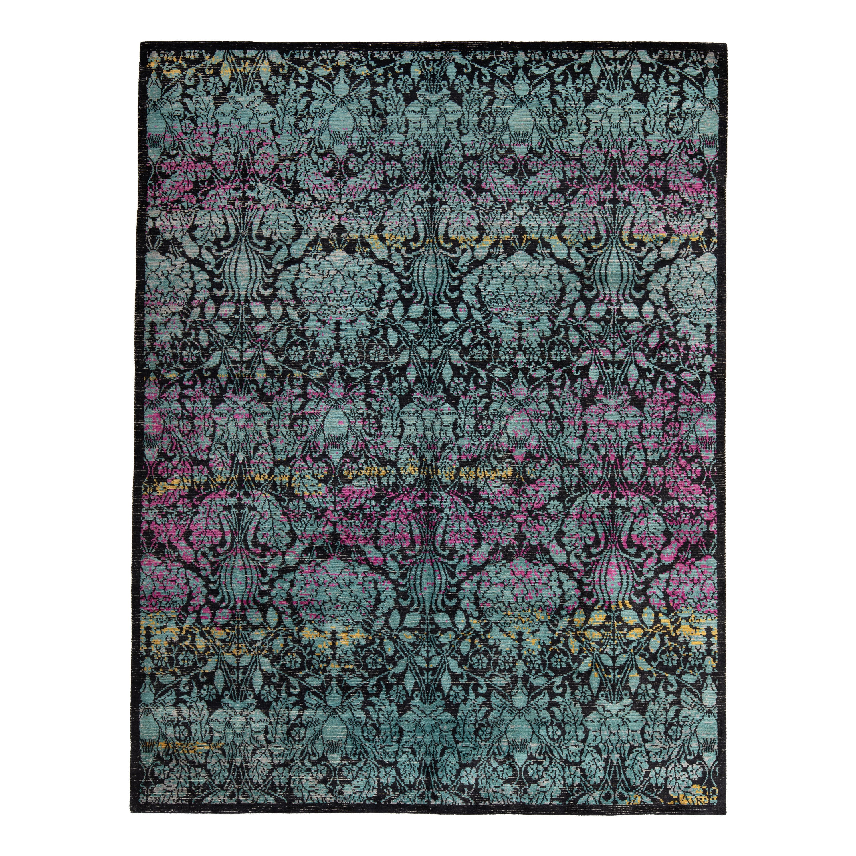 Blue & Pink Modern Silk Wool Blend Rug - 8' x 10'2"