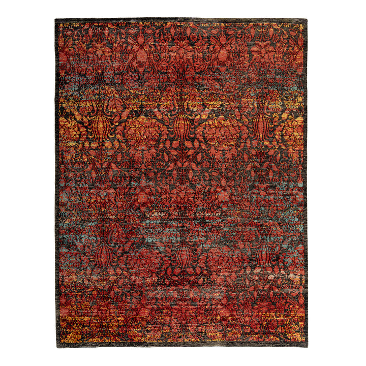 Red & Black Modern Silk Wool Blend Rug - 8' x 10'1"