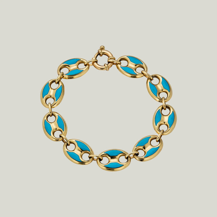 14K Yellow Gold Coffee Bean Turquoise Enamel Bracelet