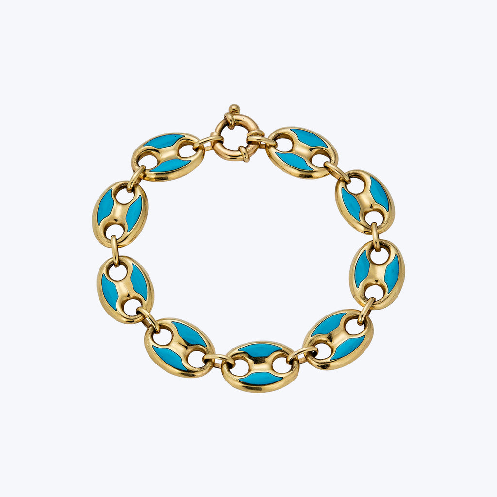 14K Yellow Gold Coffee Bean Turquoise Enamel Bracelet