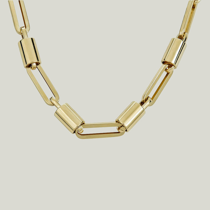 14K Yellow Gold Paper Clip And Barrel Link Necklace 18"