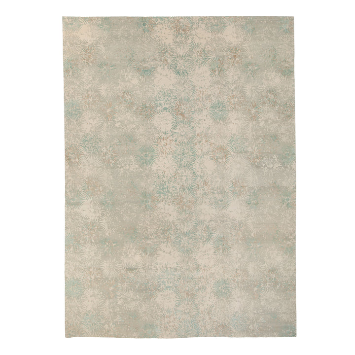 Teal & Cream Contemporary Tibetan Wool Silk Blend Rug - 13' x 18'
