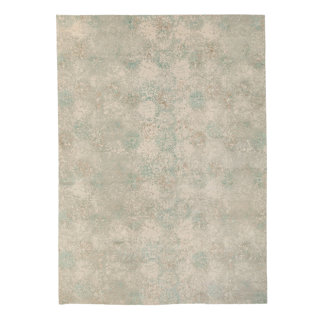 Teal & Cream Contemporary Tibetan Wool Silk Blend Rug - 13' x 18'