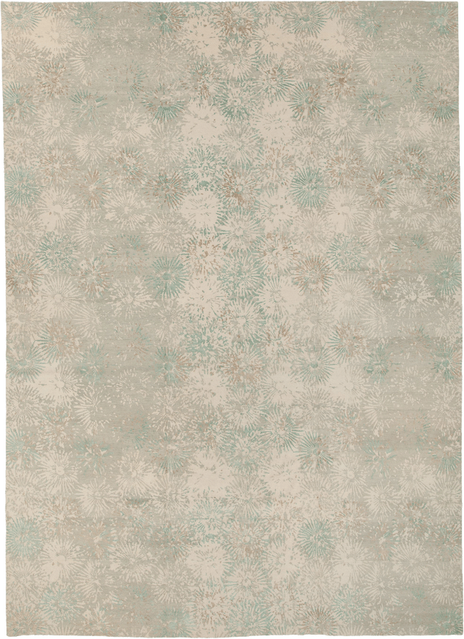 Teal & Cream Contemporary Tibetan Wool Silk Blend Rug - 13' x 18'