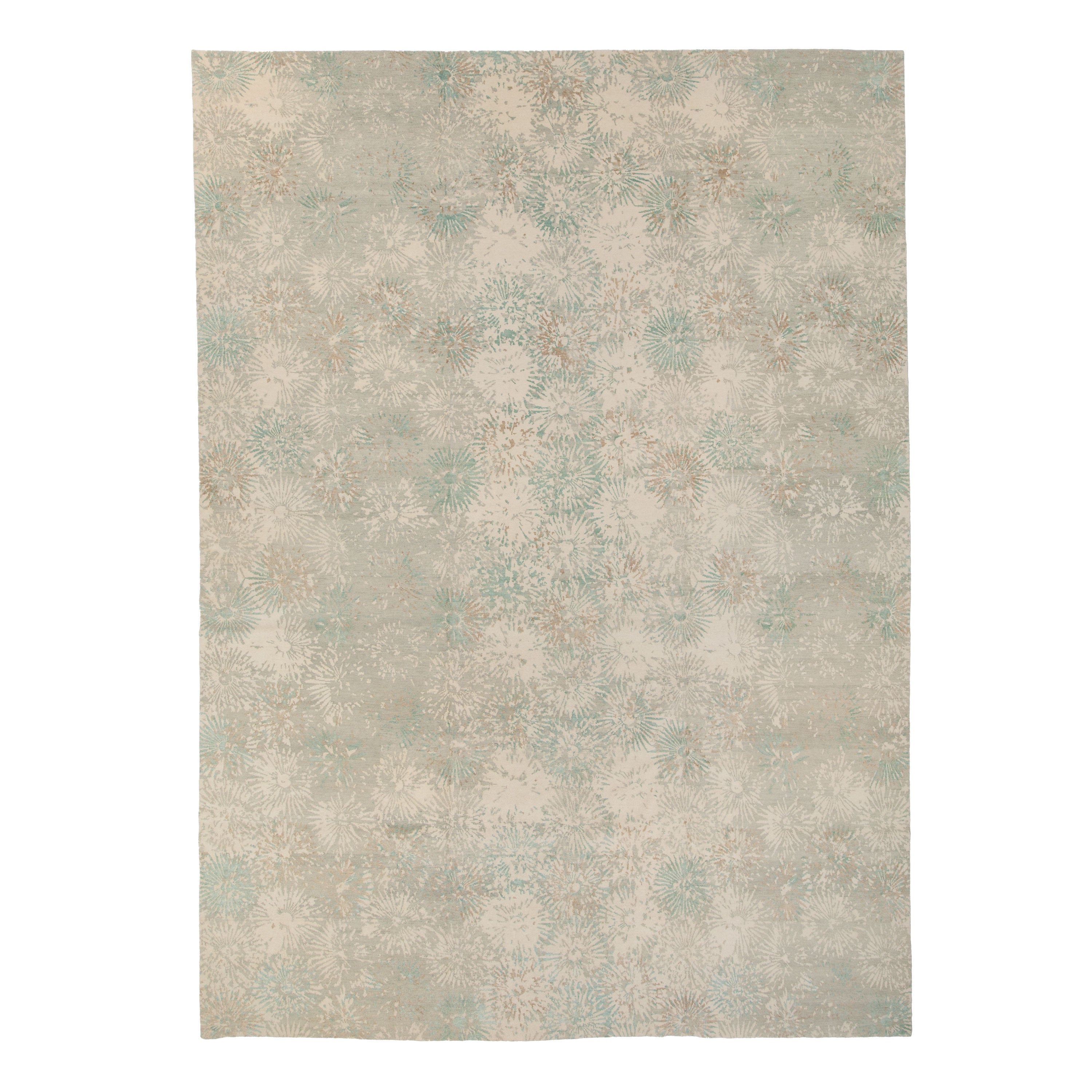 Teal & Cream Contemporary Tibetan Wool Silk Blend Rug - 13' x 18'