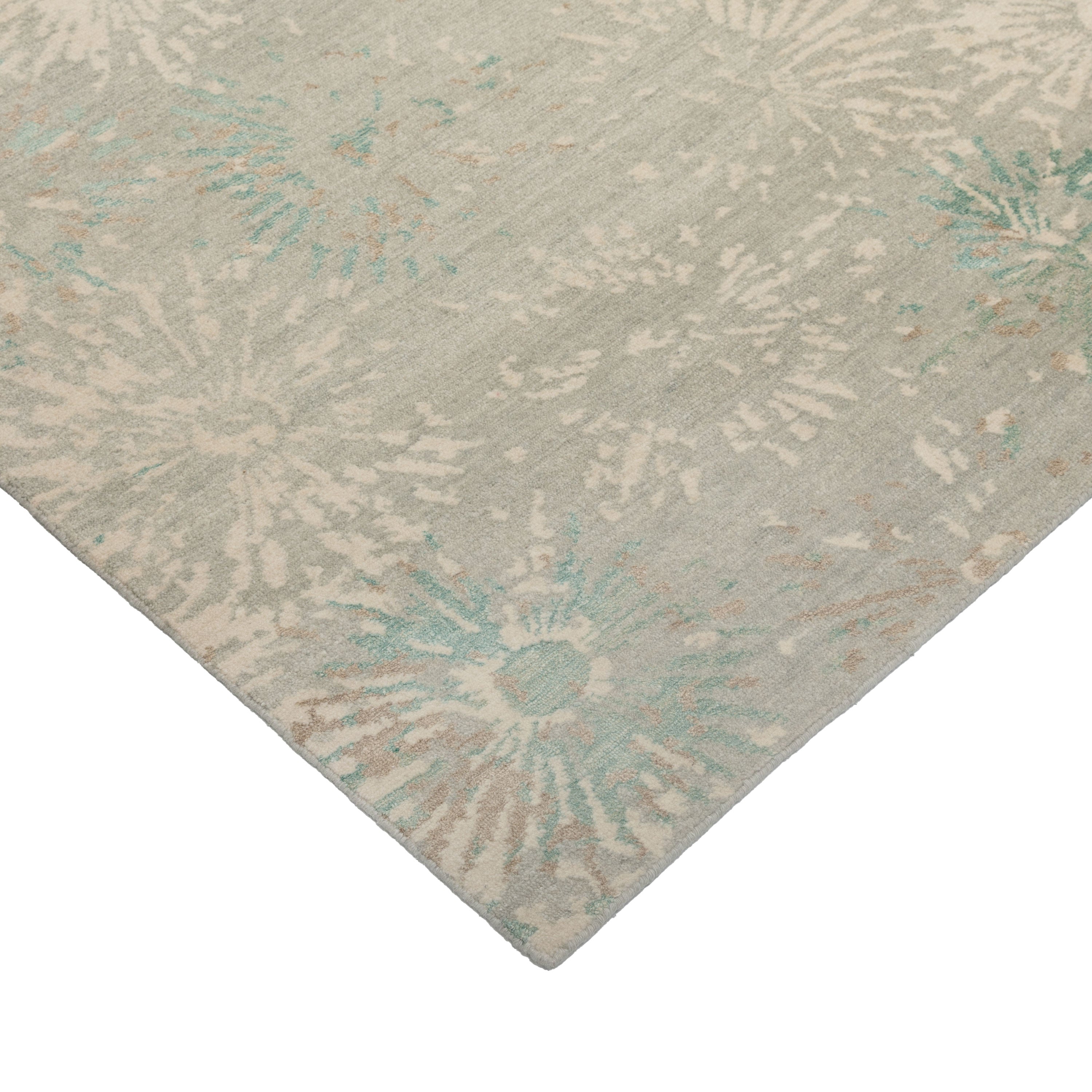 Teal & Cream Contemporary Tibetan Wool Silk Blend Rug - 13' x 18'